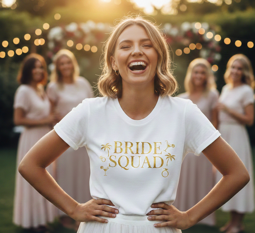 Weißes Shirt mit goldenem Schriftzug Bride Squad