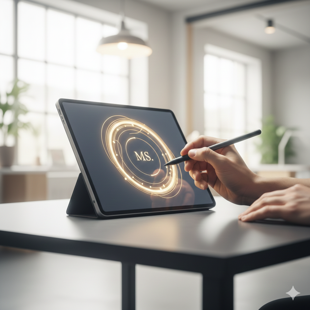 Eine Person zeichnet mit einem Stylus auf einem Tablet, das eine goldene MS-Logoanimation anzeigt, in einem hellen, modernen Büroambiente.