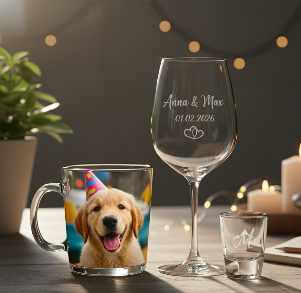 Tasse mit Hundefoto und graviertes Weinglas mit Namen und Datum