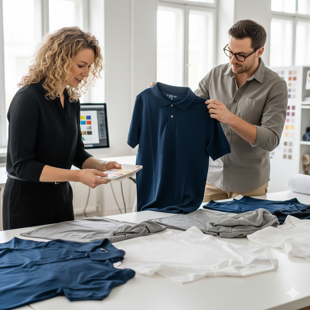 Zwei Designer in einem hellen Büro begutachten verschiedene Poloshirts und T-Shirts an einem Arbeitstisch und vergleichen Farbmuster für die Textilveredelung.