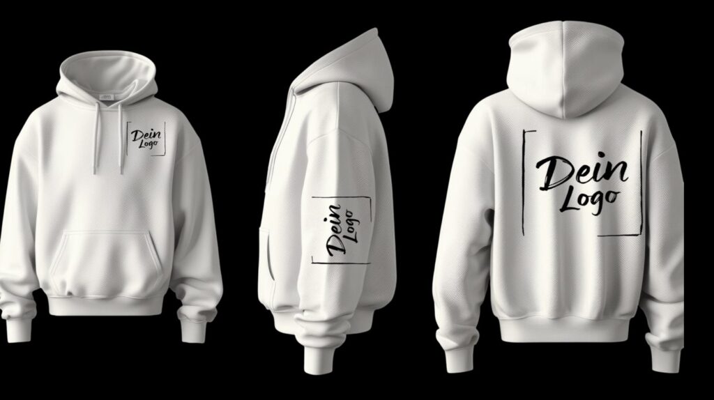 Hoodie von vorn, von der Seite und von hinten mit möglichen Druckpositionen – Beispielvisualisierung