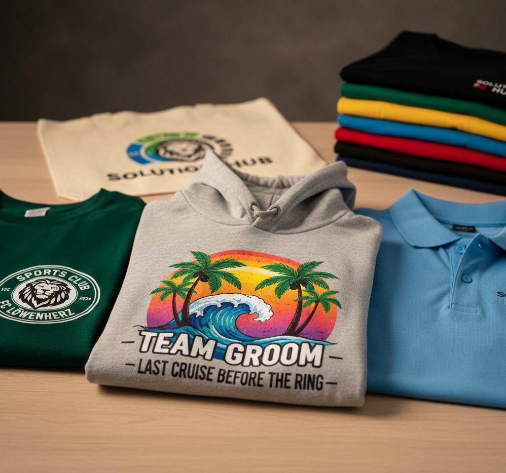 Mit DTF bedruckte Hoodies, Shirts und Polos – Beispielvisualisierung